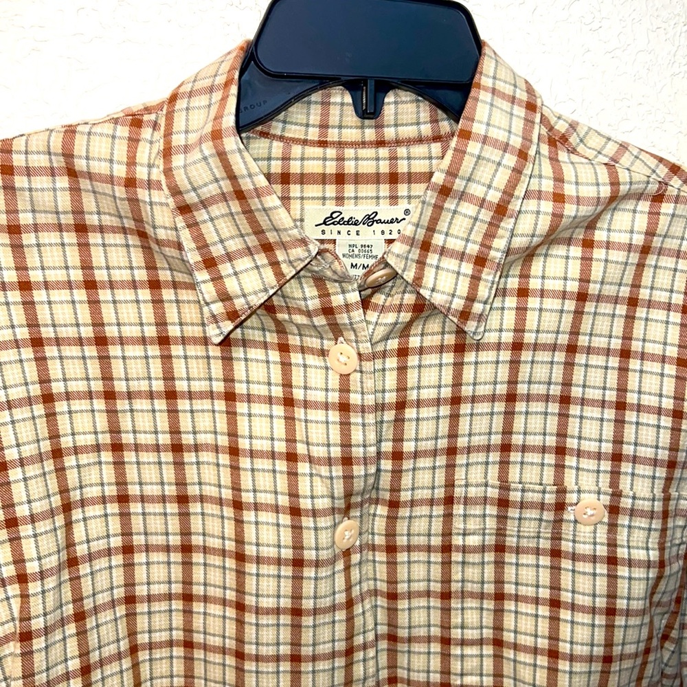 HP! Eddie Bauer Mens Tan & Cream Plaid Long Sleeve Button Down Shirt